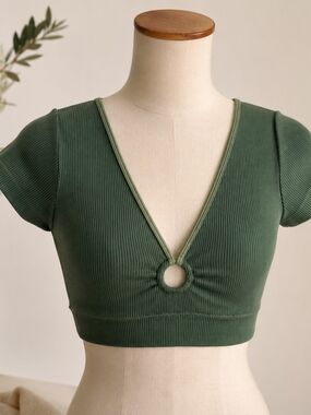 Aerie Green Ribbed O-Ring Crop Top Bralette Large